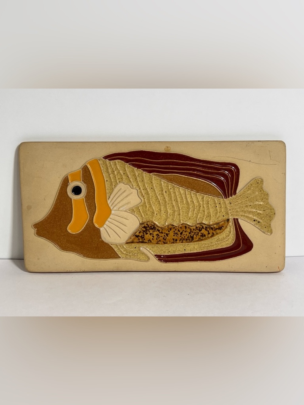 Ceramic Clay Tile Textured Painted Glazed Fish Wall Plaque Artisan Pottery